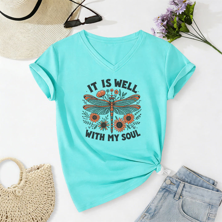 Christianartworkshop Camiseta informal con cuello en V y estampado floral de libélulas "It Is Well With My Soul" - Azul cielo - 2XL - image 0
