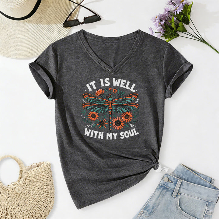 Christianartworkshop Camiseta informal con cuello en V y estampado floral de libélulas "It Is Well With My Soul" - Gris oscuro - 2XL - image 20