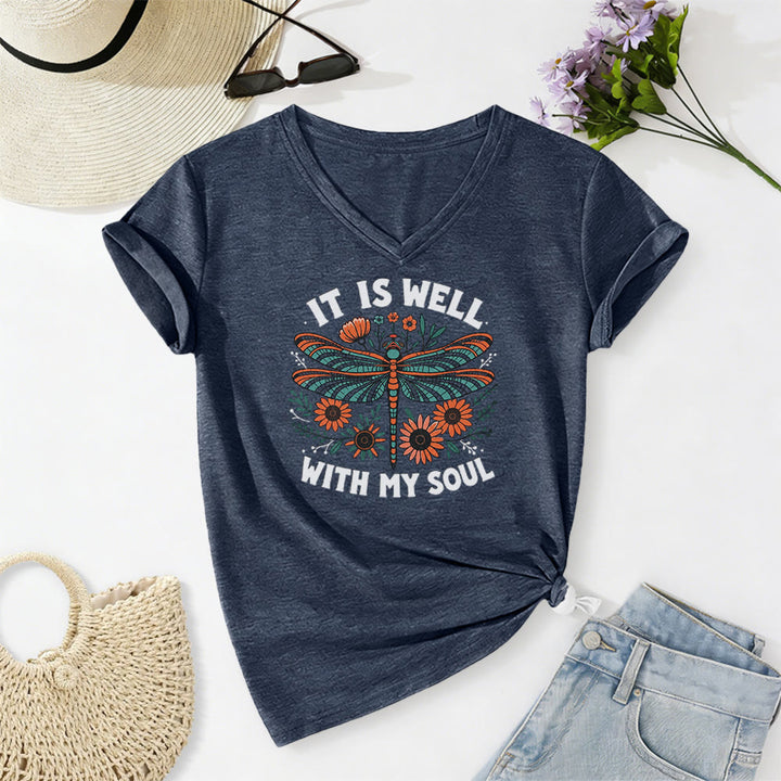 Christianartworkshop Camiseta informal con cuello en V y estampado floral de libélulas "It Is Well With My Soul" - Azul marino - 2XL - image 18