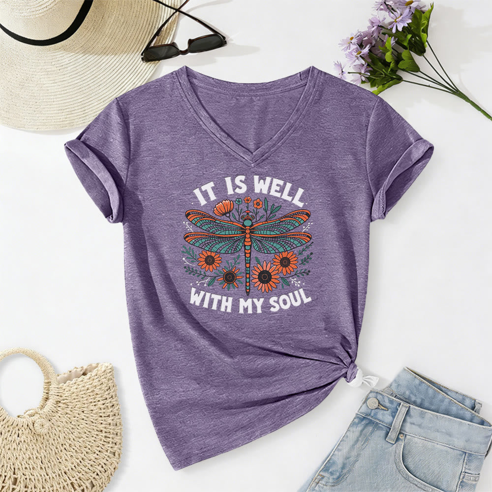 Christianartworkshop Camiseta informal con cuello en V y estampado floral de libélulas "It Is Well With My Soul" - Púrpura - 2XL - image 16