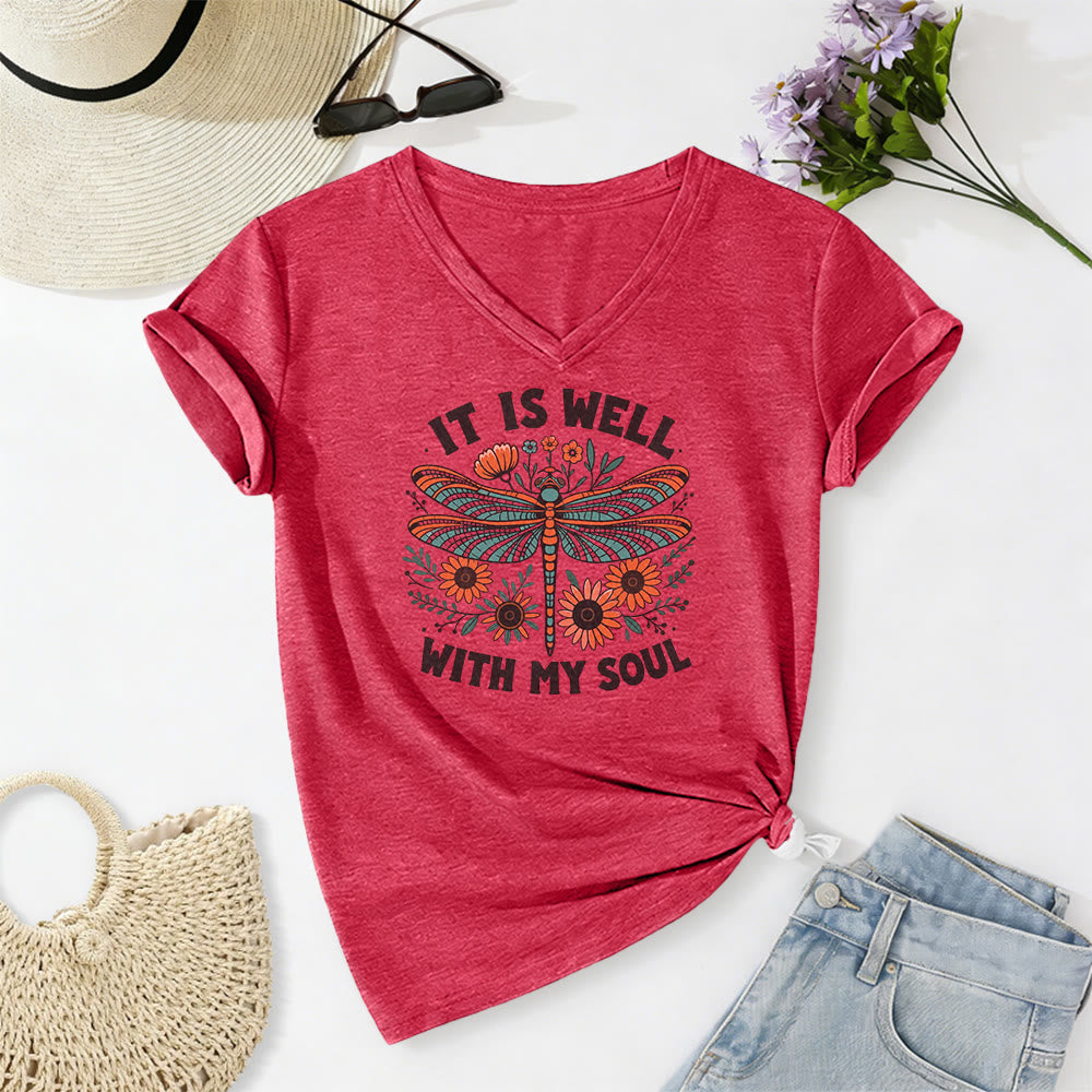 Christianartworkshop Camiseta informal con cuello en V y estampado floral de libélulas "It Is Well With My Soul" - Rojo - 2XL - image 22