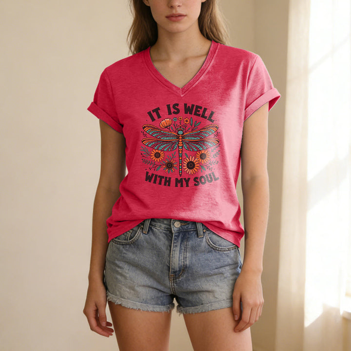 Christianartworkshop Camiseta informal con cuello en V y estampado floral de libélulas "It Is Well With My Soul" - image 23