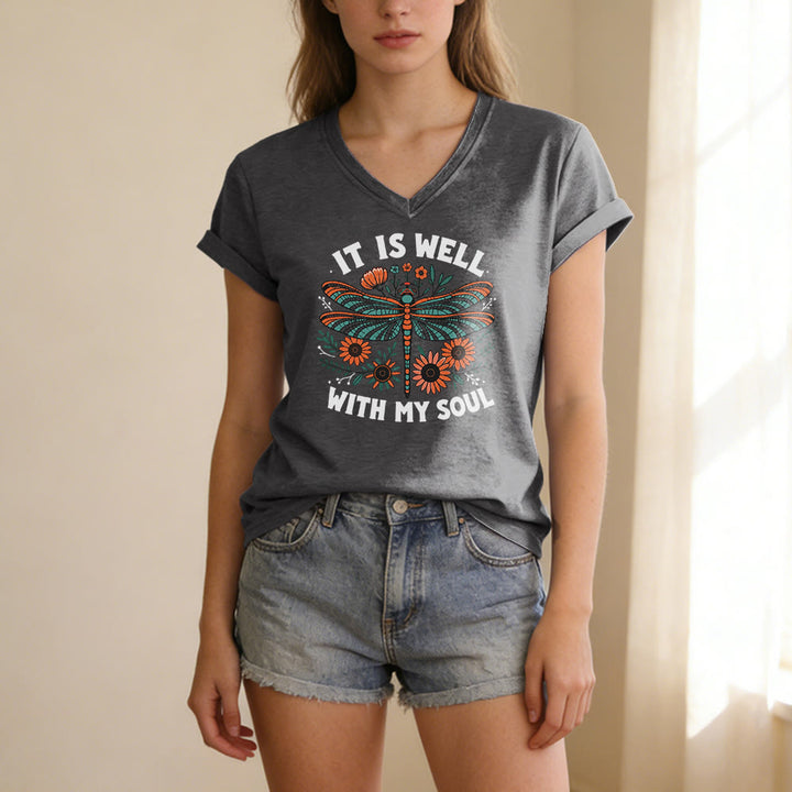 Christianartworkshop Camiseta informal con cuello en V y estampado floral de libélulas "It Is Well With My Soul" - image 21