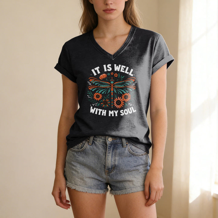 Christianartworkshop Camiseta informal con cuello en V y estampado floral de libélulas "It Is Well With My Soul" - image 13