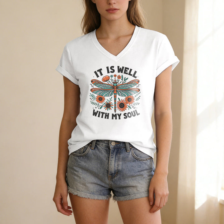 Christianartworkshop Camiseta informal con cuello en V y estampado floral de libélulas "It Is Well With My Soul" - image 9