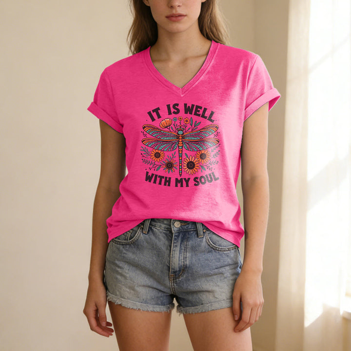 Christianartworkshop Camiseta informal con cuello en V y estampado floral de libélulas "It Is Well With My Soul" - image 25