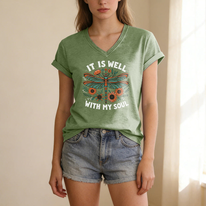 Christianartworkshop Camiseta informal con cuello en V y estampado floral de libélulas "It Is Well With My Soul" - image 7