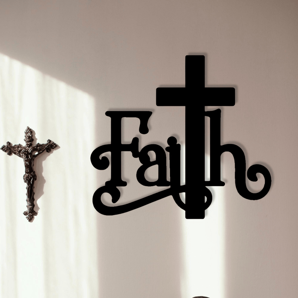 Christianartworkshop Decoración de pared metálica con cruz y palabra "Fe Moderna": Un poderoso símbolo de fe. - image 1