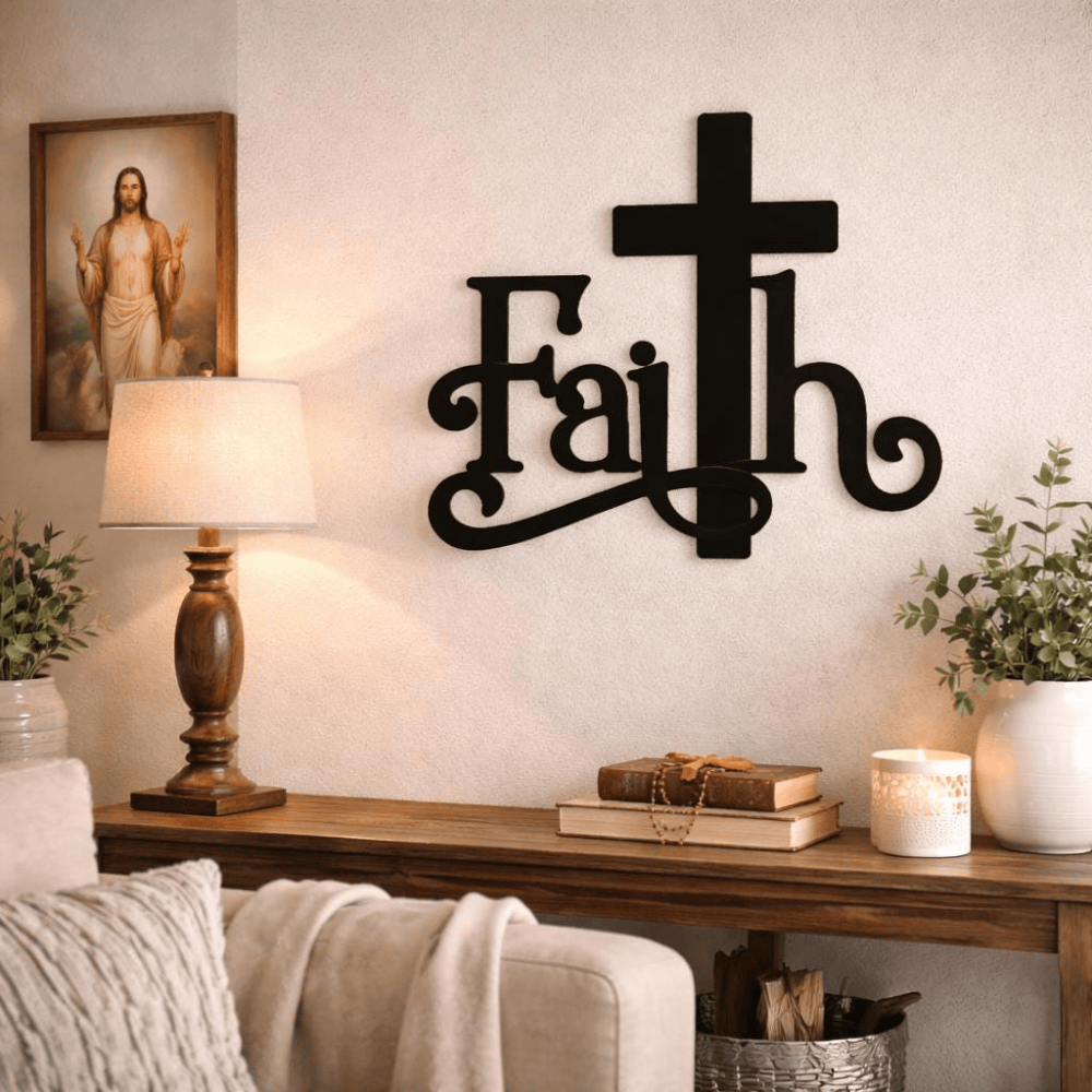 Christianartworkshop Decoración de pared metálica con cruz y palabra "Fe Moderna": Un poderoso símbolo de fe. - image 2