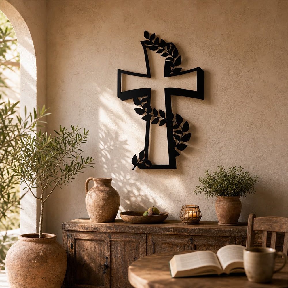 Christianartworkshop Decoración de pared metálica con cruz moderna y enredadera frondosa: una poderosa declaración de fe creciente. - image 1