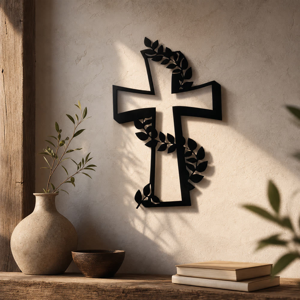 Christianartworkshop Decoración de pared metálica con cruz moderna y enredadera frondosa: una poderosa declaración de fe creciente. - image 0