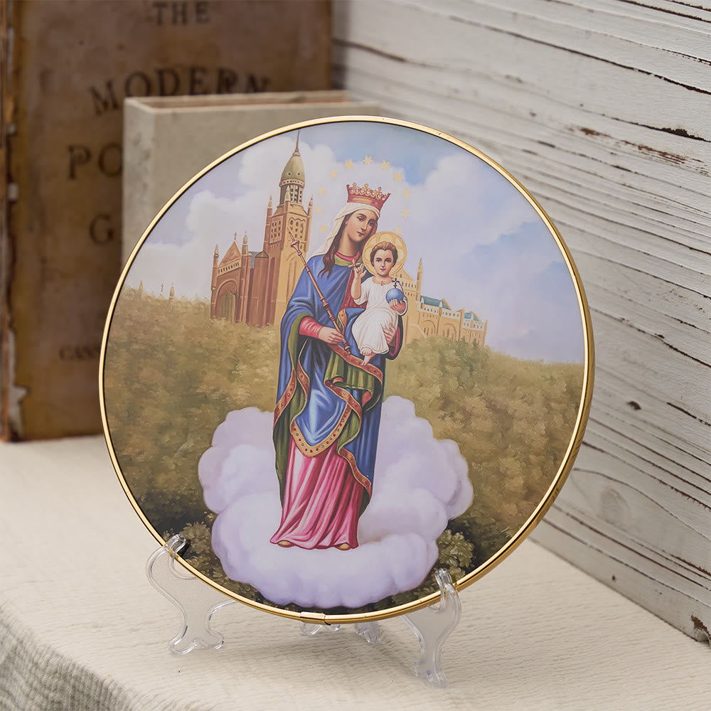 Christianartworkshop Adorno de escritorio de la Virgen con el Niño, con fondo de catedral y borde dorado: un símbolo de la gracia mariana. - image 1