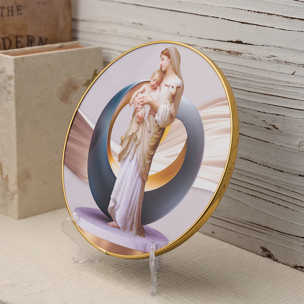 Christianartworkshop Adorno de escritorio vibrante de la Virgen con el Niño y el Cordero con borde dorado y halo abstracto: un símbolo diario de consuelo y pureza. - image 1