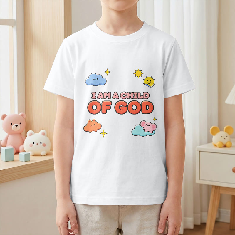 Christianartworkshop Camiseta infantil con diseño caprichoso de nube sonriente y sol: "Soy un hijo de Dios". - image 1