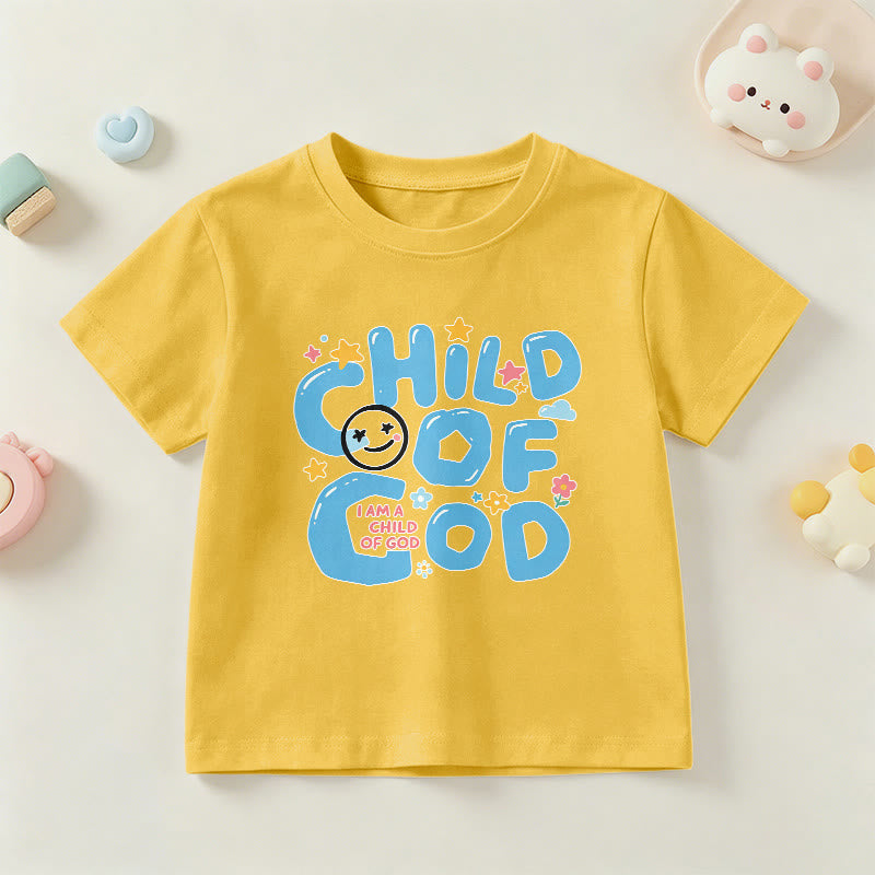 Christianartworkshop Camiseta infantil "Hijo de Dios" con carita sonriente y detalles florales. - Amarillo - EE. UU./Reino Unido/Australia 14, UE 170 - image 0