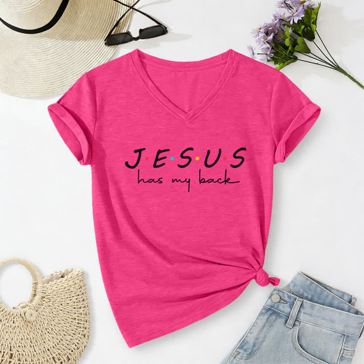 Christianartworkshop Camiseta de mujer con cuello en V y estampado "Jesús me respalda" - Rosa - 2XL - image 0