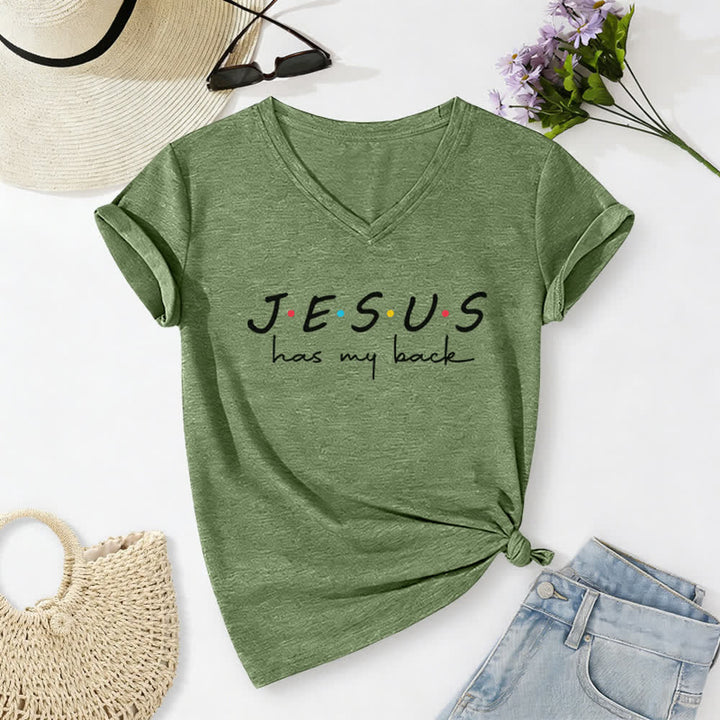 Christianartworkshop Camiseta de mujer con cuello en V y estampado "Jesús me respalda" - Verde oliva - 2XL - image 12