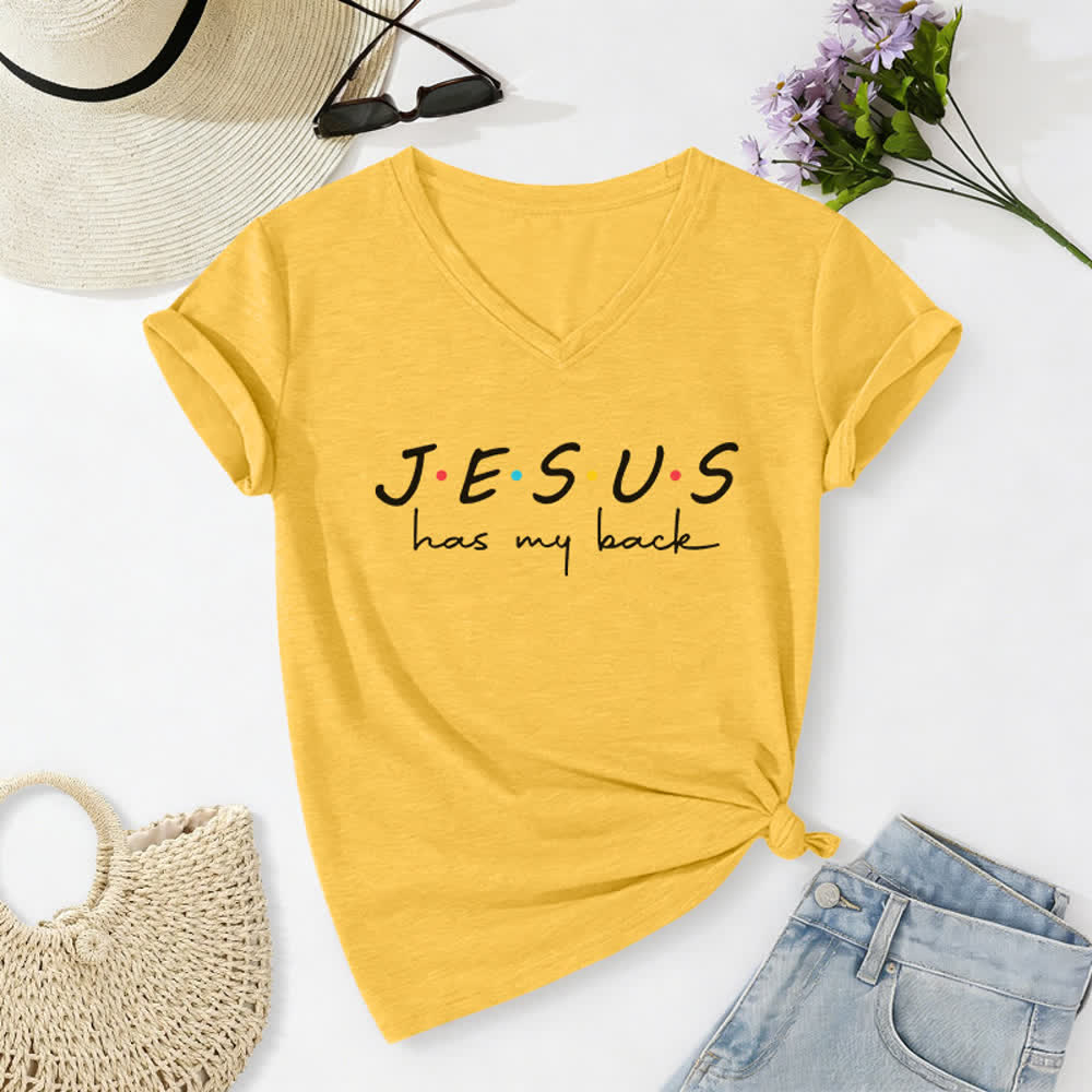 Christianartworkshop Camiseta de mujer con cuello en V y estampado "Jesús me respalda" - Amarillo - 2XL - image 10