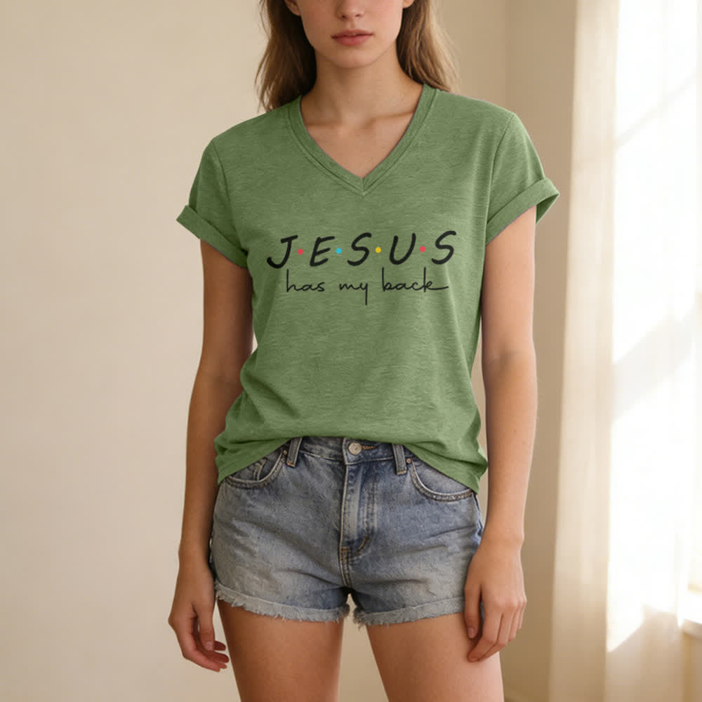 Christianartworkshop Camiseta de mujer con cuello en V y estampado "Jesús me respalda" - image 13