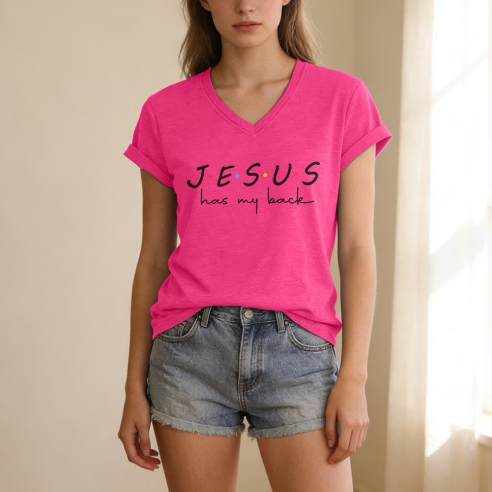 Christianartworkshop Camiseta de mujer con cuello en V y estampado "Jesús me respalda" - image 1