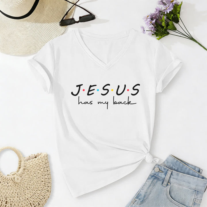 Christianartworkshop Camiseta de mujer con cuello en V y estampado "Jesús me respalda" - Blanco - 2XL - image 4