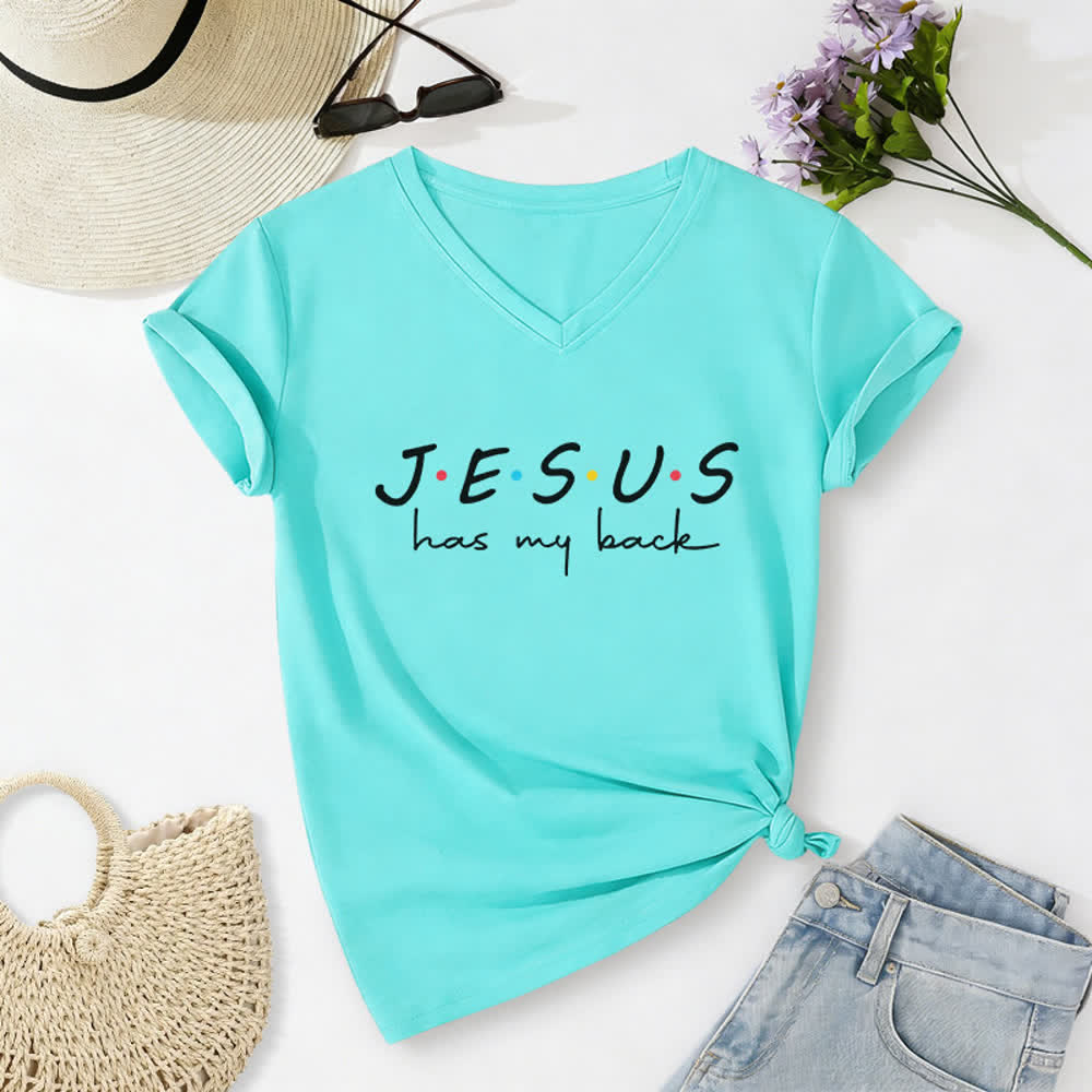 Christianartworkshop Camiseta de mujer con cuello en V y estampado "Jesús me respalda" - Azul cielo - 2XL - image 16