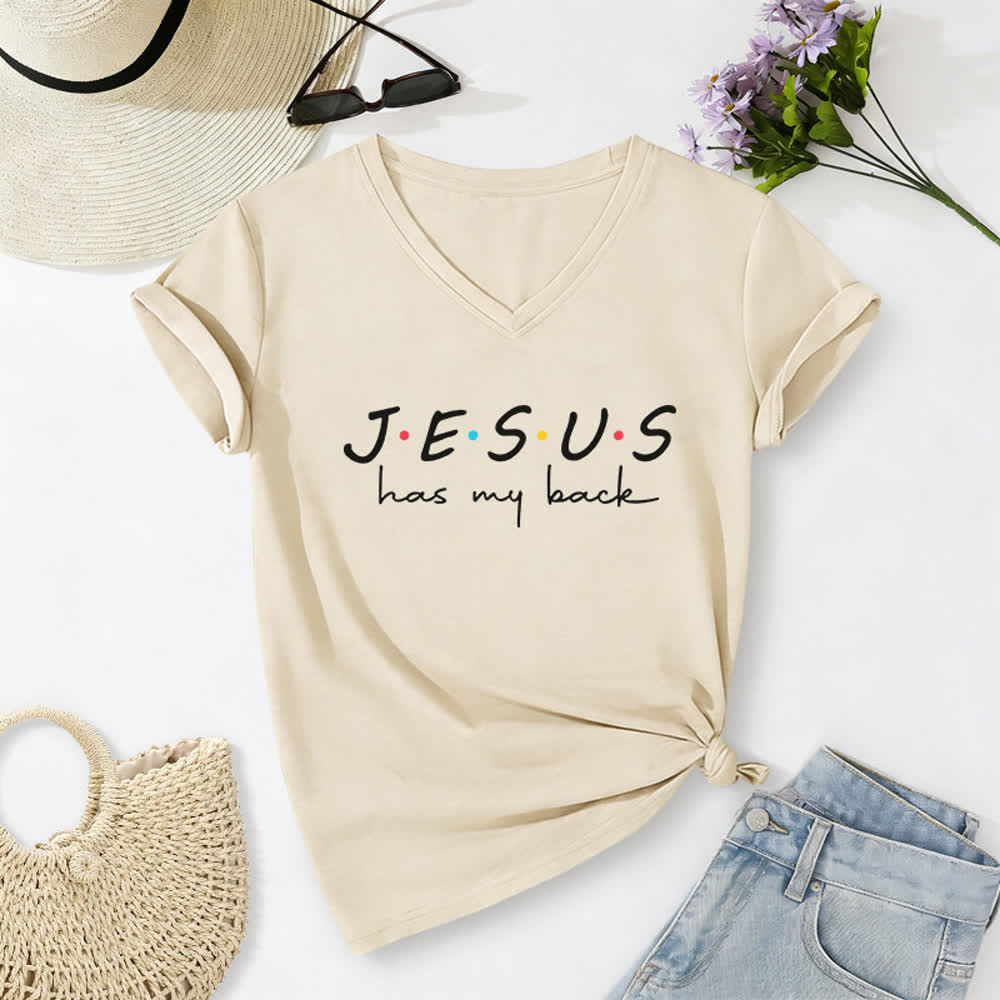 Christianartworkshop Camiseta de mujer con cuello en V y estampado "Jesús me respalda" - Beige - 2XL - image 8