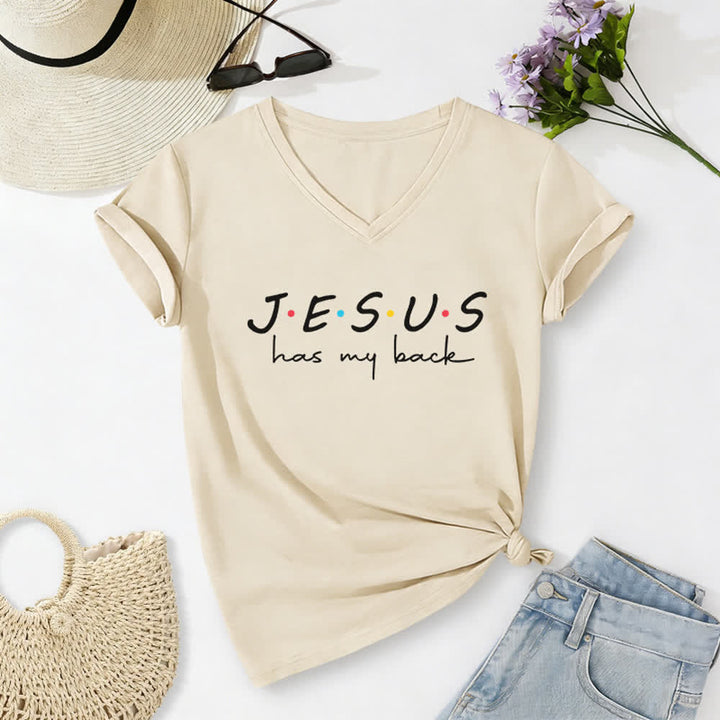 Christianartworkshop Camiseta de mujer con cuello en V y estampado "Jesús me respalda" - Beige - 2XL - image 8