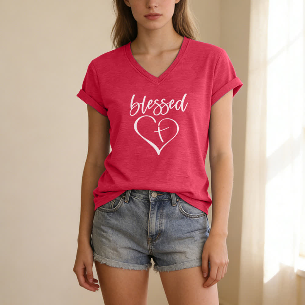 Christianartworkshop Camiseta de mujer con cuello en V y estampado "Blessed Love Cross Jesus Has My Back" - image 21