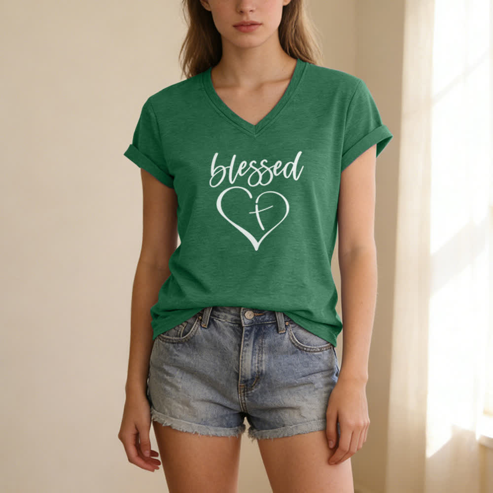 Christianartworkshop Camiseta de mujer con cuello en V y estampado "Blessed Love Cross Jesus Has My Back" - image 13
