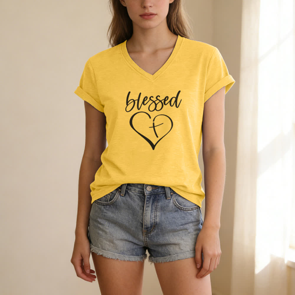 Christianartworkshop Camiseta de mujer con cuello en V y estampado "Blessed Love Cross Jesus Has My Back" - image 9
