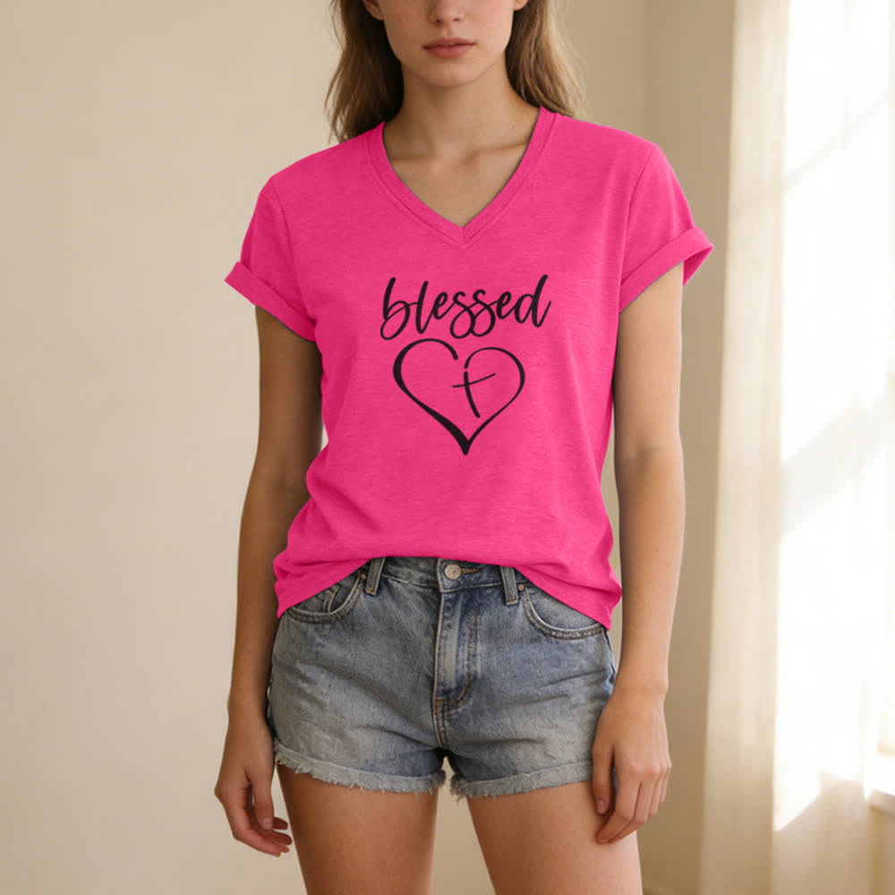 Christianartworkshop Camiseta de mujer con cuello en V y estampado "Blessed Love Cross Jesus Has My Back" - image 23