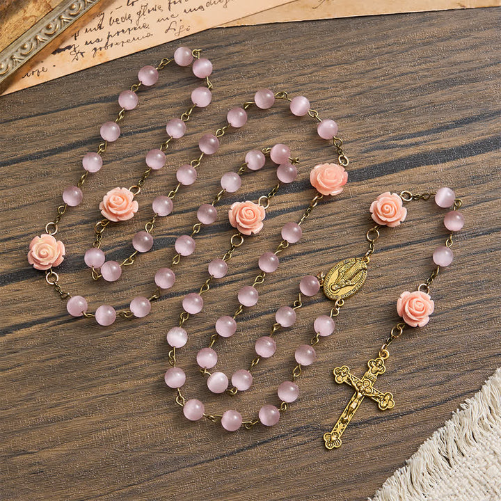 Christianartworkshop Rosario luminoso rosa ojo de gato con rosas para la devoción mariana. - image 2