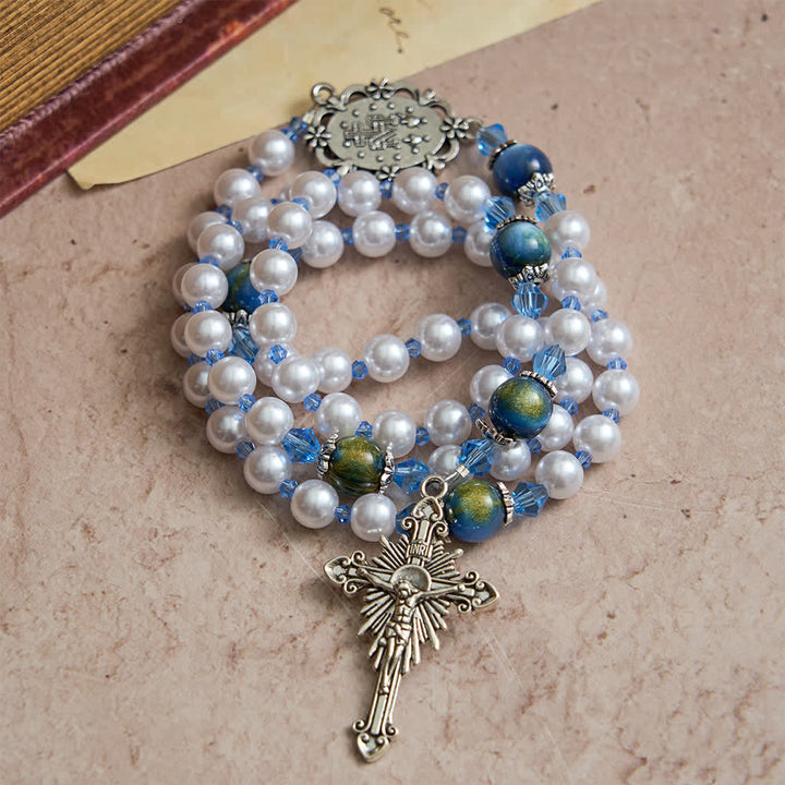 Christianartworkshop Rosario con cuentas blancas y degradado azul verdoso con la imagen de Nuestra Señora - image 2