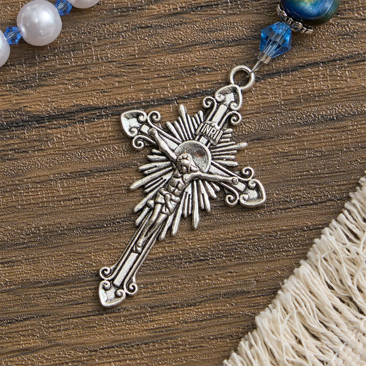 Christianartworkshop Rosario con cuentas blancas y degradado azul verdoso con la imagen de Nuestra Señora - image 5