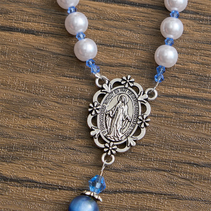 Christianartworkshop Rosario con cuentas blancas y degradado azul verdoso con la imagen de Nuestra Señora - image 6