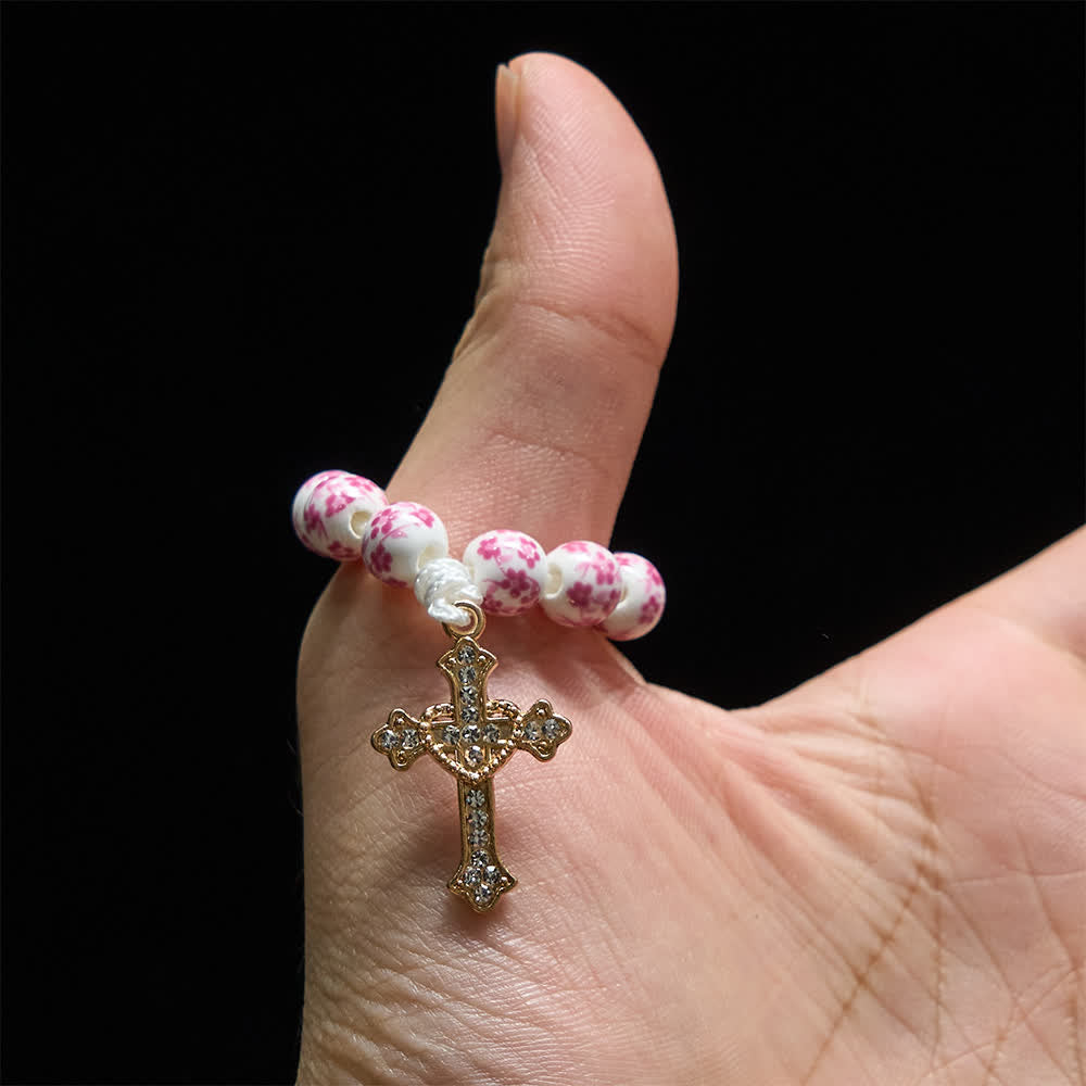 Christianartworkshop Rosario de cerámica rosa con diseño floral y cruz de cristal - image 1