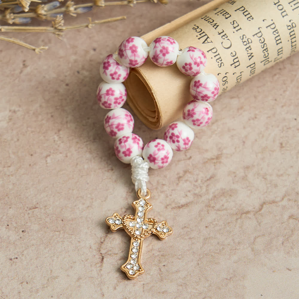 Christianartworkshop Rosario de cerámica rosa con diseño floral y cruz de cristal - 10 piezas - image 0