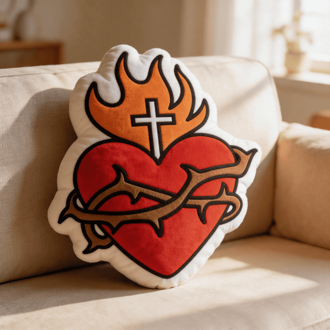 Christianartworkshop Cojín religioso con forma de cruz del Sagrado Corazón, llama y corona de espinas - 24" (60 cm) - image 0