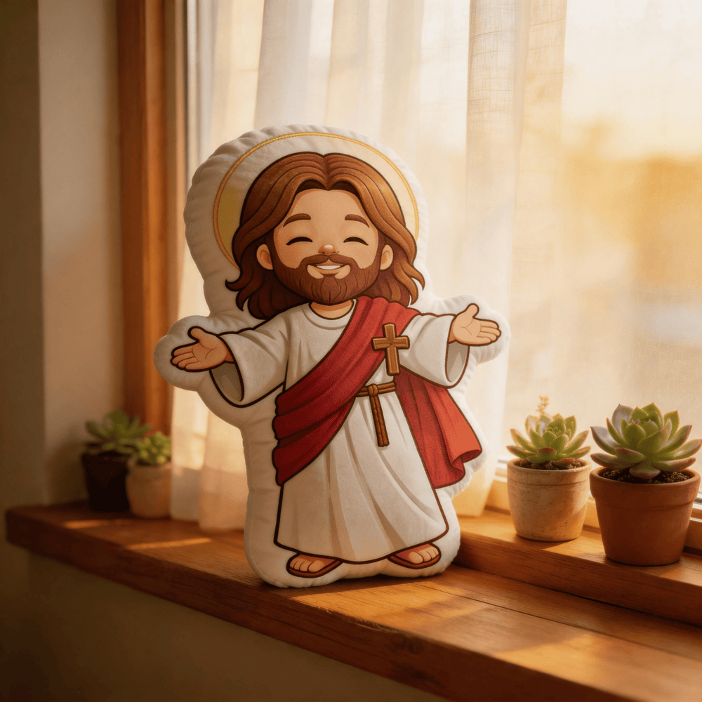 Christianartworkshop Cojín decorativo con forma de halo y la imagen de un adorable Jesús sonriente con los brazos abiertos. - image 1