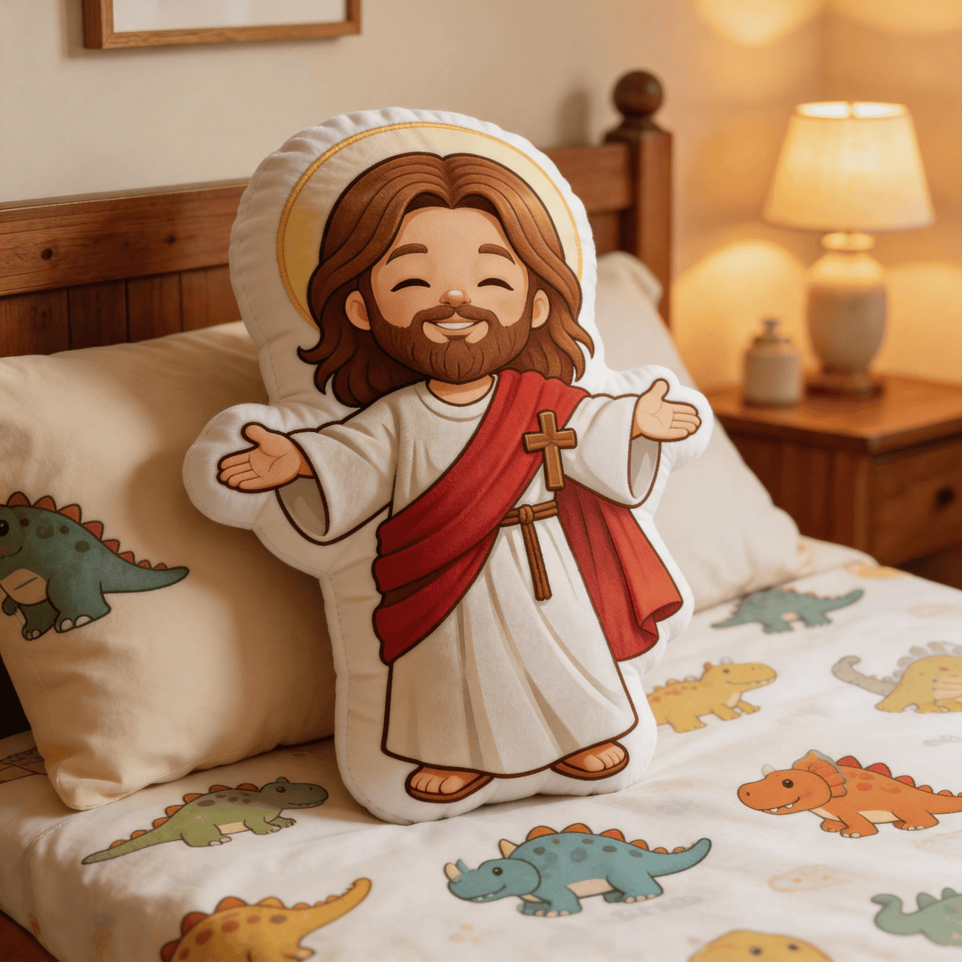 Christianartworkshop Cojín decorativo con forma de halo y la imagen de un adorable Jesús sonriente con los brazos abiertos. - 24" (60 cm) - image 0
