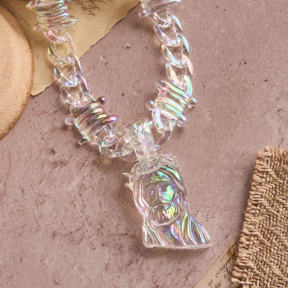 Christianartworkshop Collar de Jesús de acrílico iridiscente llamativo con cadena gruesa con pinchos: un símbolo diario de fuerza y ​​esperanza. - image 3