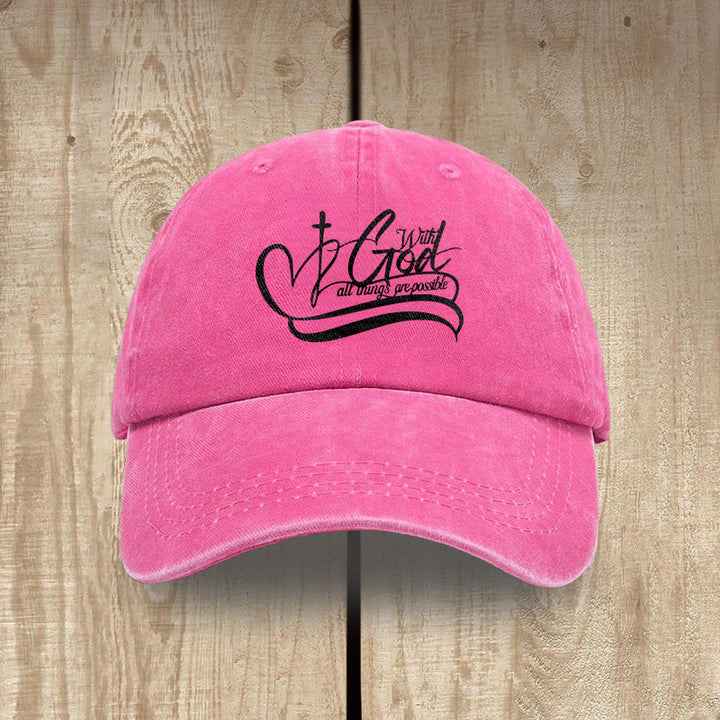 Christianartworkshop Gorra de béisbol lavada con la inscripción "Con Dios todo es posible" y cruz en forma de corazón. - Fucsia - image 0