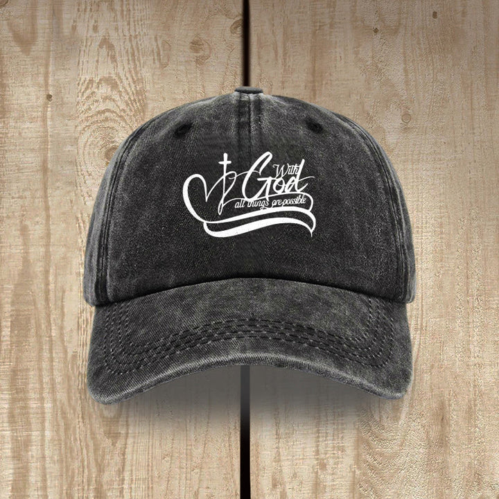 Christianartworkshop Gorra de béisbol lavada con la inscripción "Con Dios todo es posible" y cruz en forma de corazón. - Negro - image 1