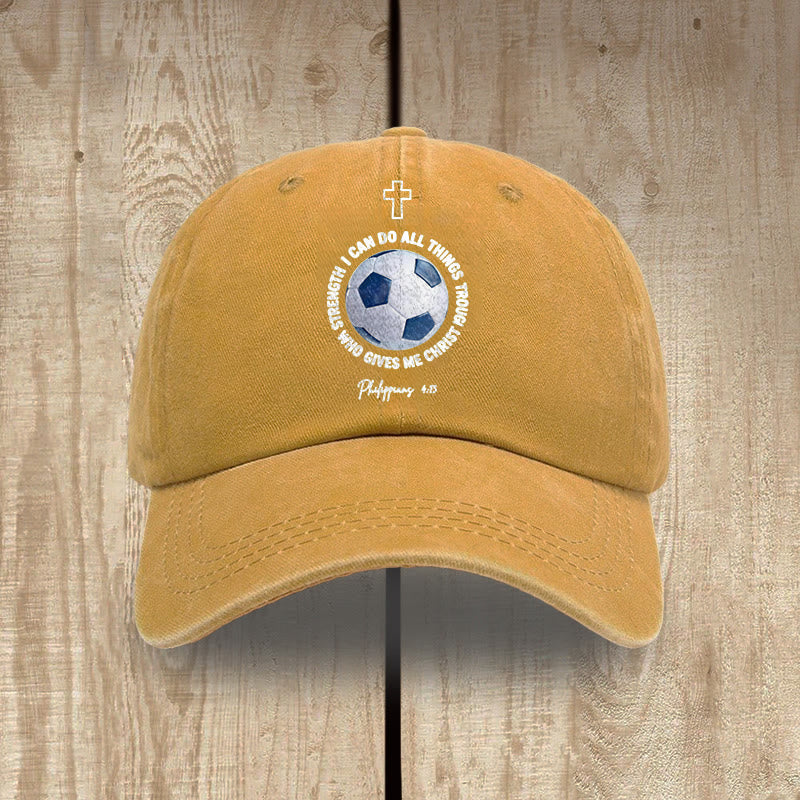 Christianartworkshop Todo lo puedo en Cristo que me fortalece. Fútbol. Filipenses 4:13. Gorra de béisbol lavada. - Amarillo - image 9