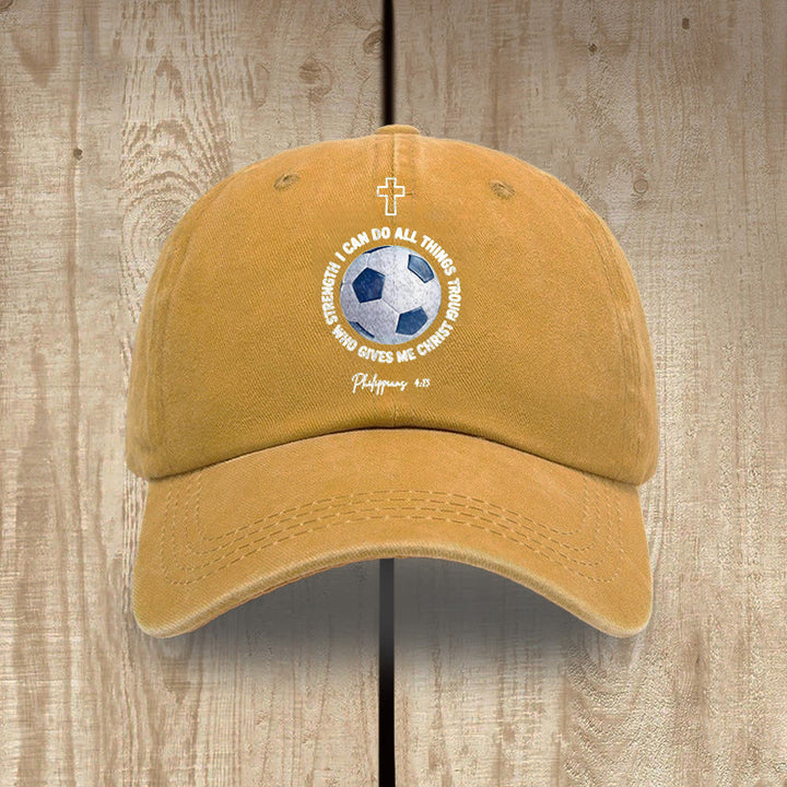 Christianartworkshop Todo lo puedo en Cristo que me fortalece. Fútbol. Filipenses 4:13. Gorra de béisbol lavada. - Amarillo - image 9