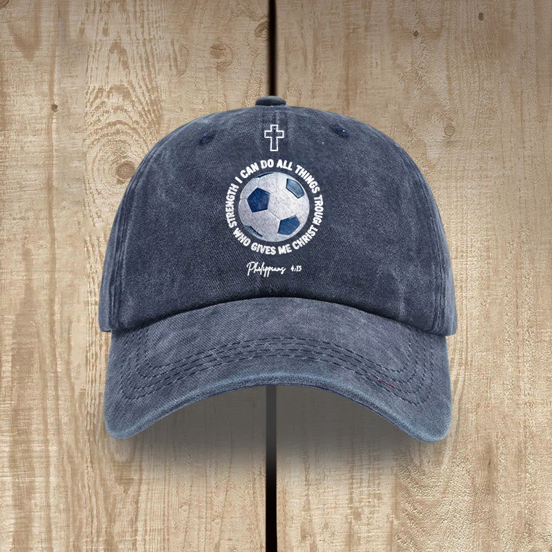 Christianartworkshop Todo lo puedo en Cristo que me fortalece. Fútbol. Filipenses 4:13. Gorra de béisbol lavada. - Azul marino - image 5