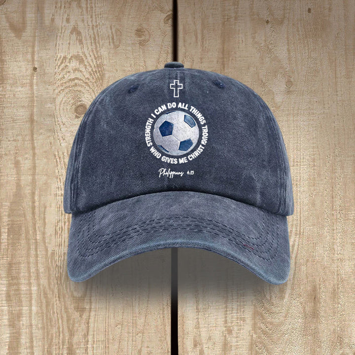 Christianartworkshop Todo lo puedo en Cristo que me fortalece. Fútbol. Filipenses 4:13. Gorra de béisbol lavada. - Azul marino - image 5