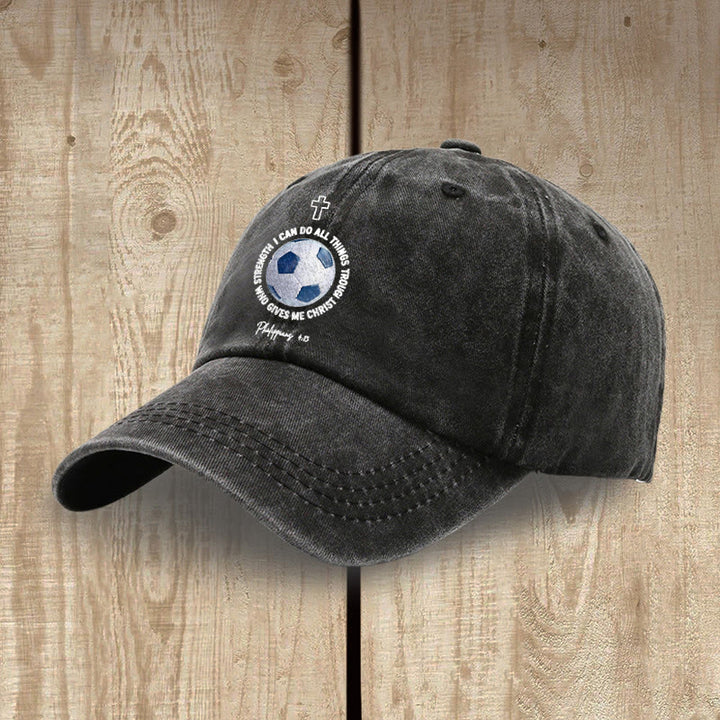 Christianartworkshop Todo lo puedo en Cristo que me fortalece. Fútbol. Filipenses 4:13. Gorra de béisbol lavada. - image 1