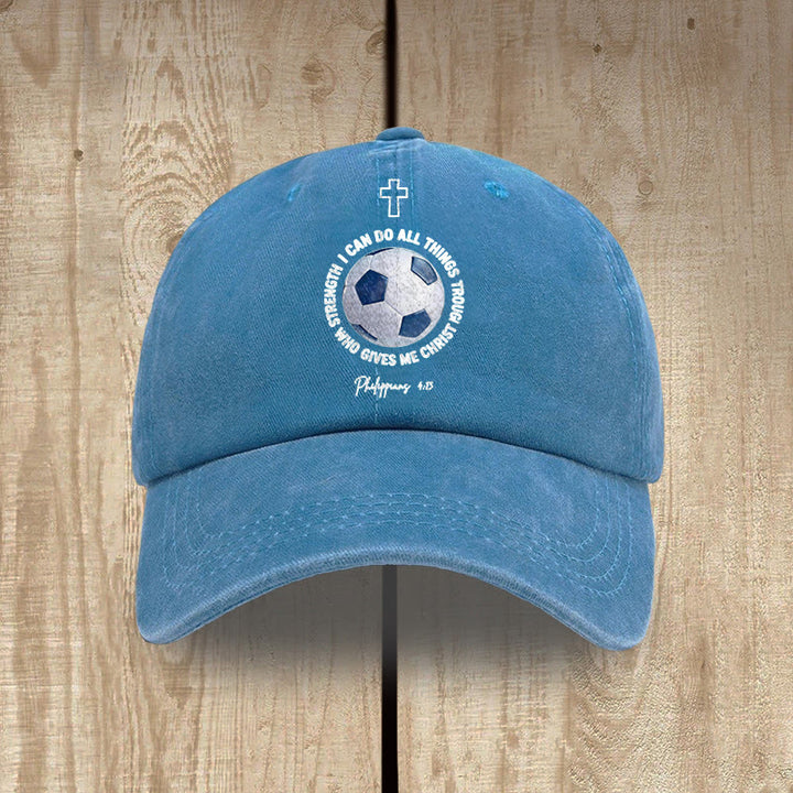 Christianartworkshop Todo lo puedo en Cristo que me fortalece. Fútbol. Filipenses 4:13. Gorra de béisbol lavada. - Azul - image 8